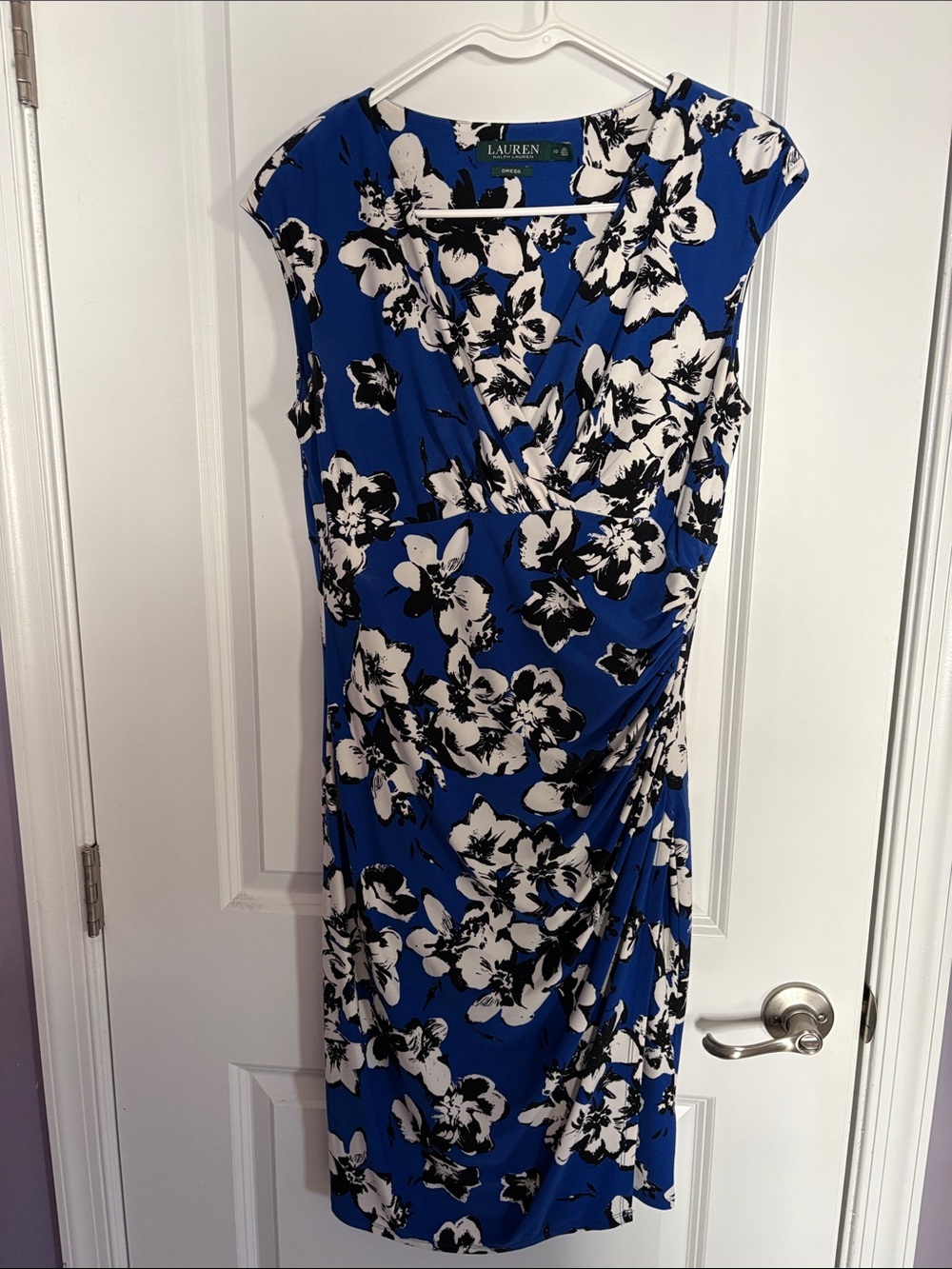 Lauren Ralph Lauren Royal Blue Floral Faux-Wrap Midi Dress